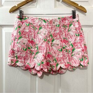 Lilly Pulitzer Flamingo Print Women's Shorts. Buttercup. Scalloped Hem. Size 0